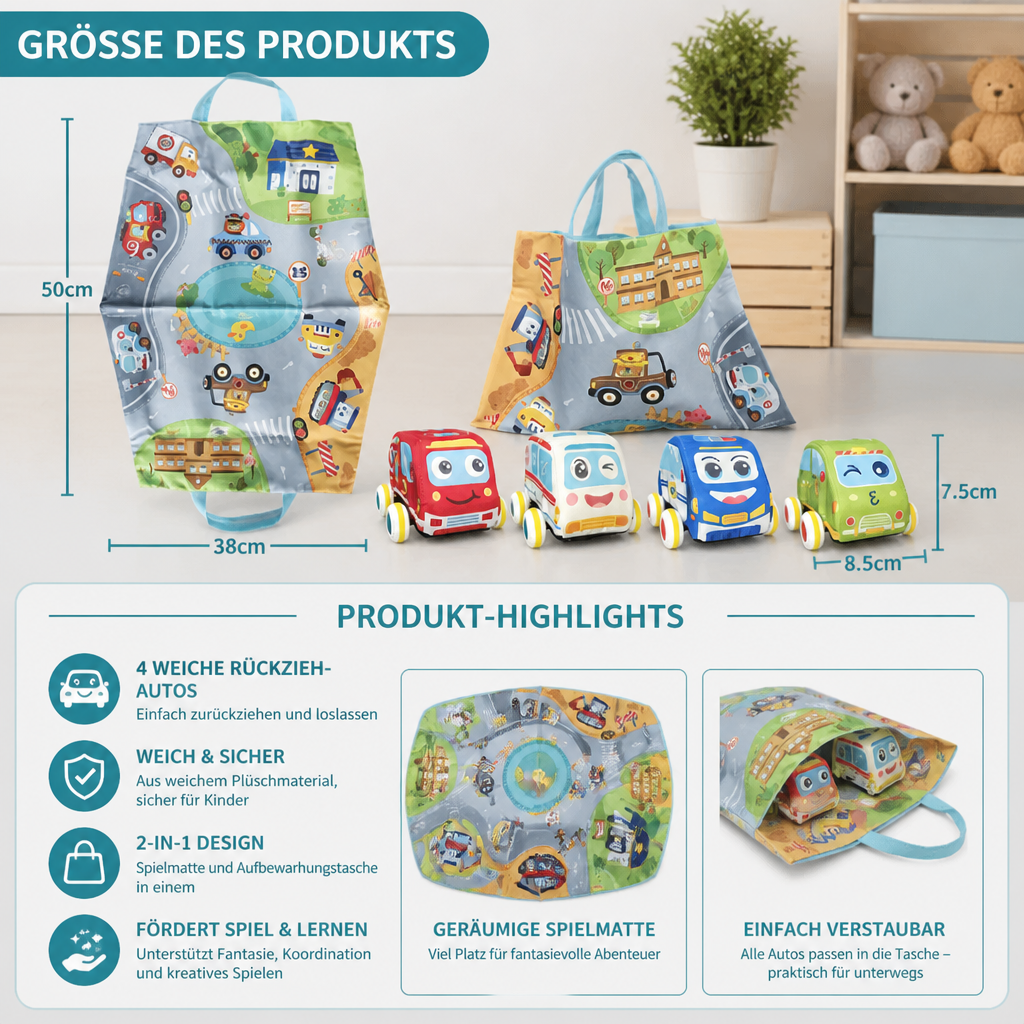 Weiches Plüsch-Rückziehauto-Set mit 2-in-1 Spielmatte & Aufbewahrungstasche