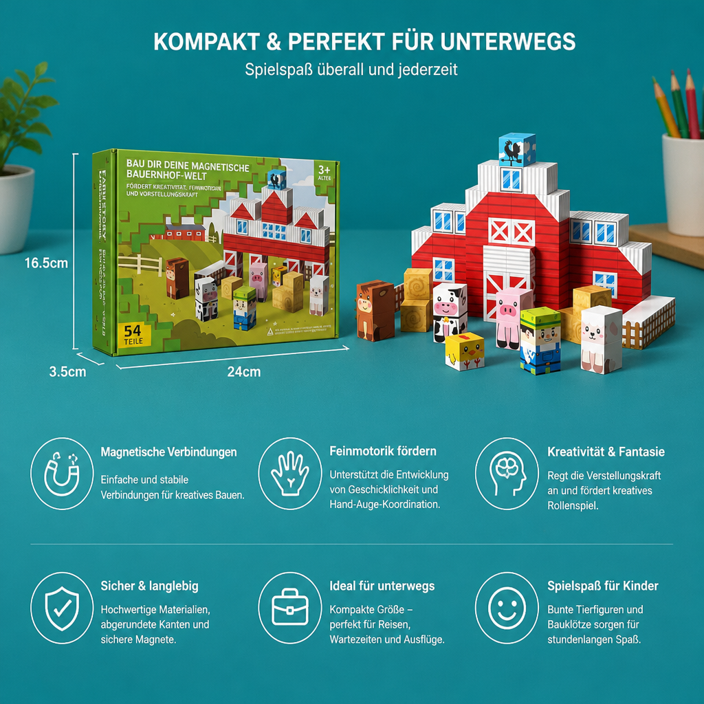Magnetisches Bauernhof-Baustein-Reisespielset mit Tieren & Scheune