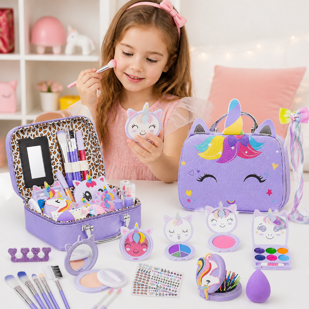 Umweltfreundliches & leicht abwaschbares Prinzessinnen-Make-up-Set für Kinder mit Kosmetiktasche