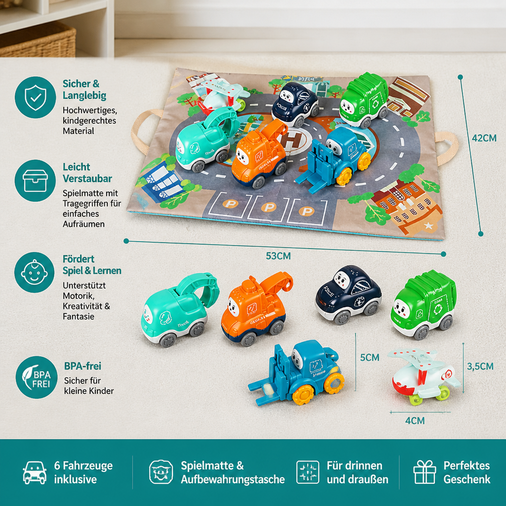 Spielzeug-LKW- & Auto-Set für Kleinkinder mit Spielmatten-Aufbewahrungstasche