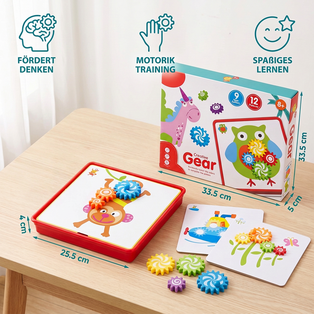 Kreative Zahnrad-Puzzle-Reisebox mit Aktivitätskarten für Kinder