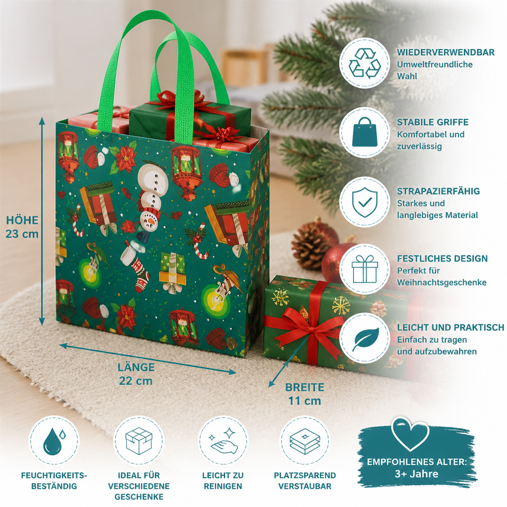 Wiederverwendbare Weihnachts-Geschenktaschen mit Griffen – Verschiedene festliche Designs