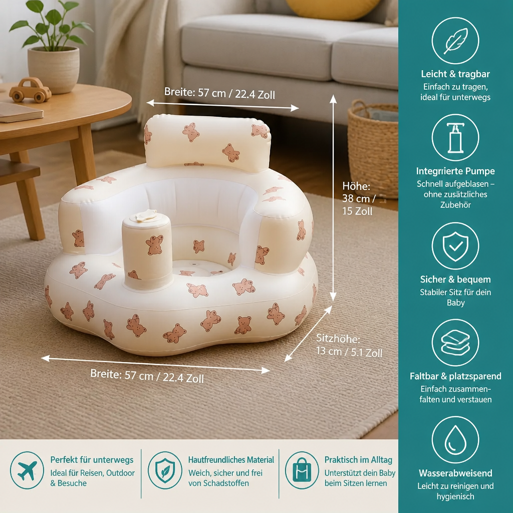 Aufblasbarer Baby-Bodensitz mit integrierter Pumpe – Tragbar & faltbar