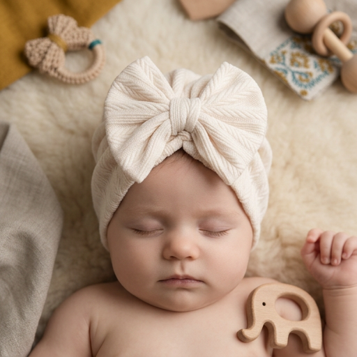 Geraffter Baby-Turban mit Schleife – Weiche Strickmütze für Neugeborene