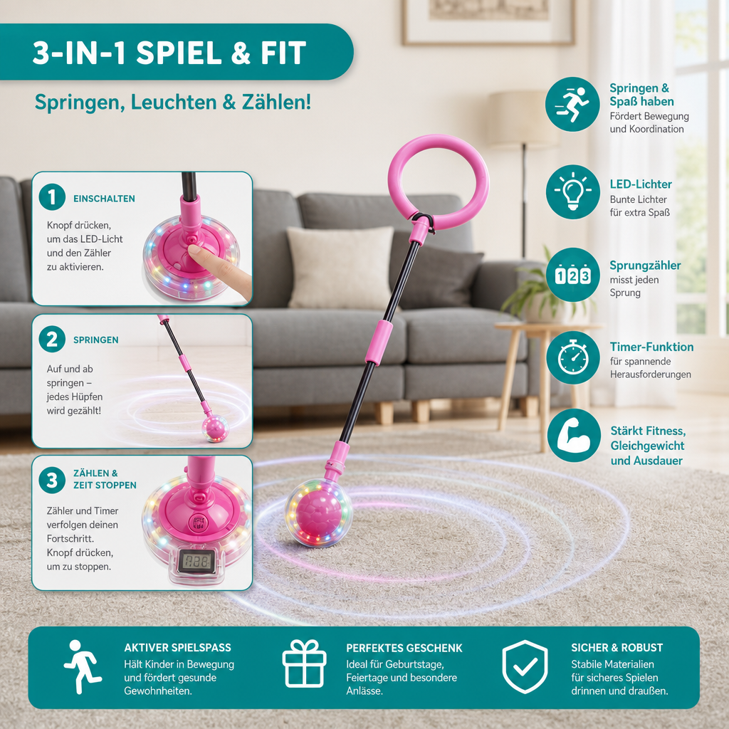 3-in-1 LED-Springball mit Sprungzähler & Timer für Kinder