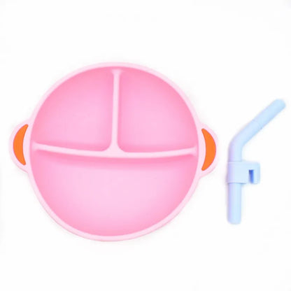 Silikon Baby Teller mit Strohhalm – Rutschfestes Design für Einfache Mahlzeiten