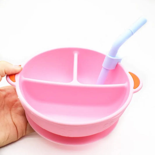 Silikon Baby Teller mit Strohhalm – Rutschfestes Design für Einfache Mahlzeiten