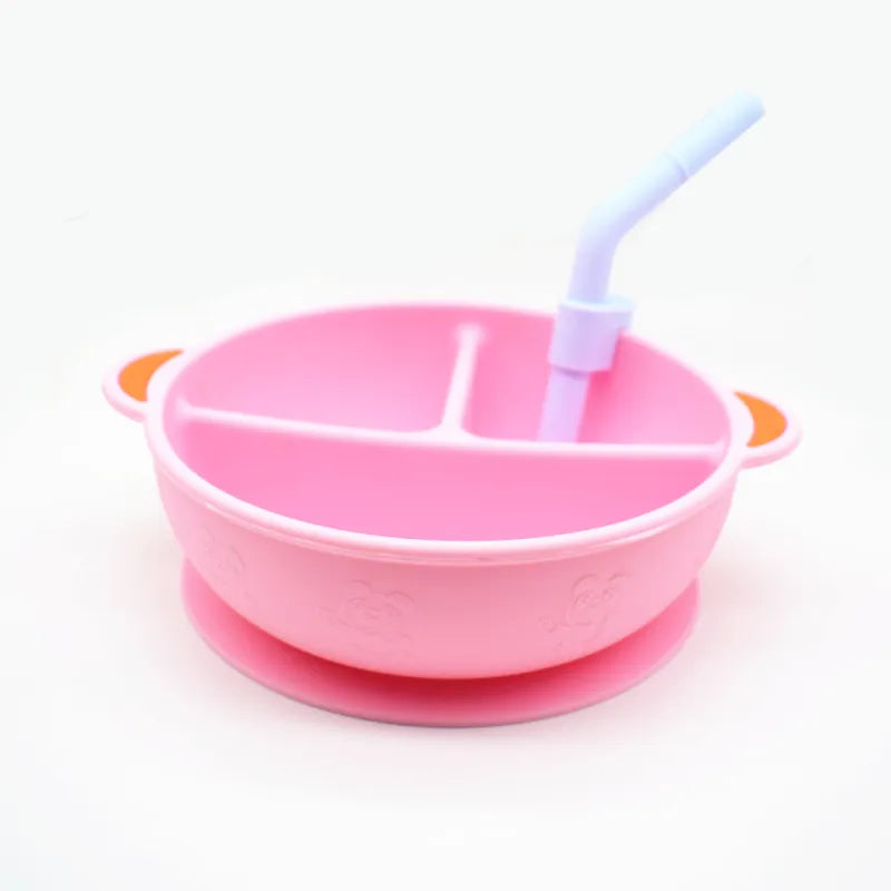 Silikon Baby Teller mit Strohhalm – Rutschfestes Design für Einfache Mahlzeiten