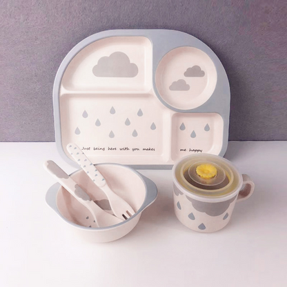 Baby Geschirrset mit Wolkenmotiv – Teller, Schüssel, Becher & Besteck für Kinder