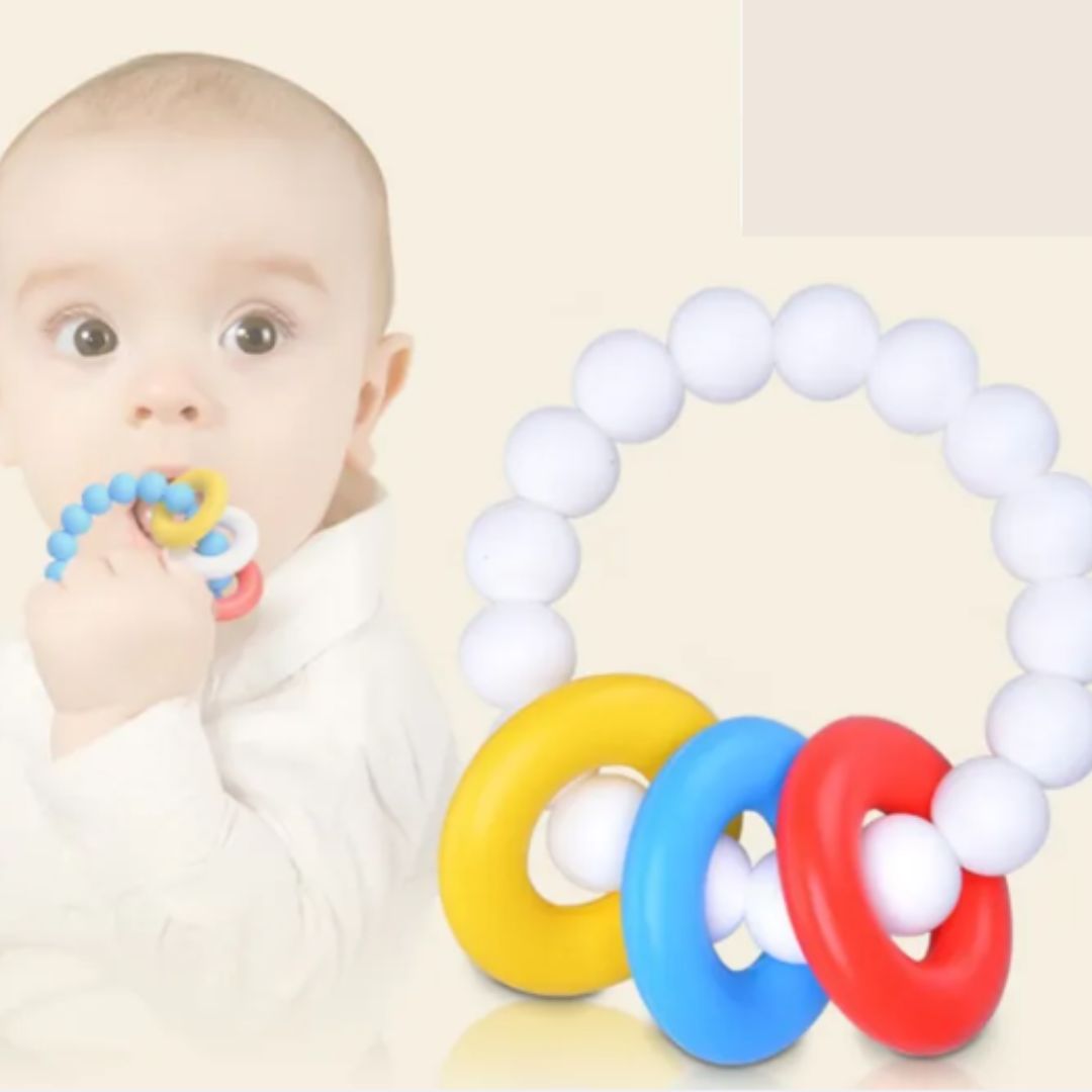 Baby Beißring Silikon mit Bunten Ringen – Greifling & Zahnungshilfe für Babys