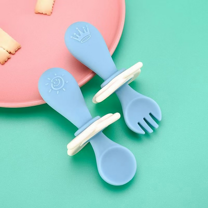 Baby Besteck Set aus Silikon – Lernlöffel & Gabel mit Sicherheitsring für Kleinkinder