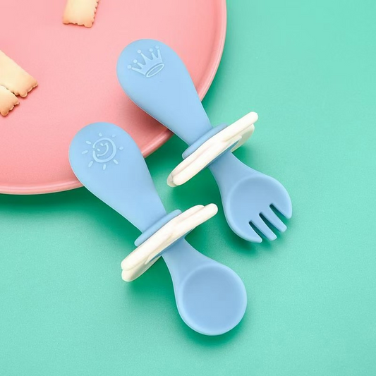 Baby Besteck Set aus Silikon – Lernlöffel & Gabel mit Sicherheitsring für Kleinkinder