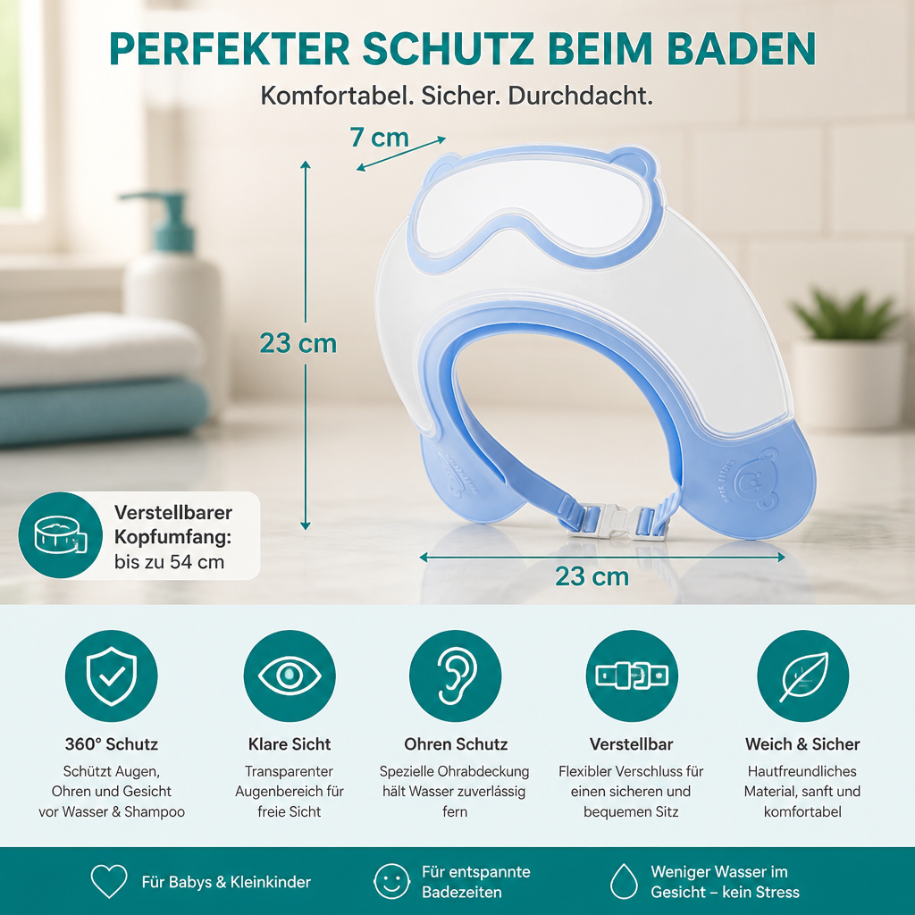 Verstellbarer Baby-Wasser- & Shampoo-Schutzschirm mit 360° Augen- & Ohrenschutz