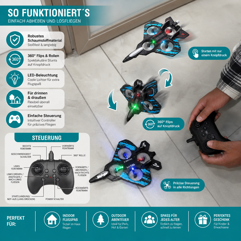 Robuste RC-Kampfjet-Drohne aus Schaumstoff für drinnen & draußen – 360°-Flips & LED-Lichter