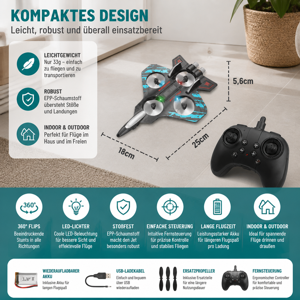 Robuste RC-Kampfjet-Drohne aus Schaumstoff für drinnen & draußen – 360°-Flips & LED-Lichter