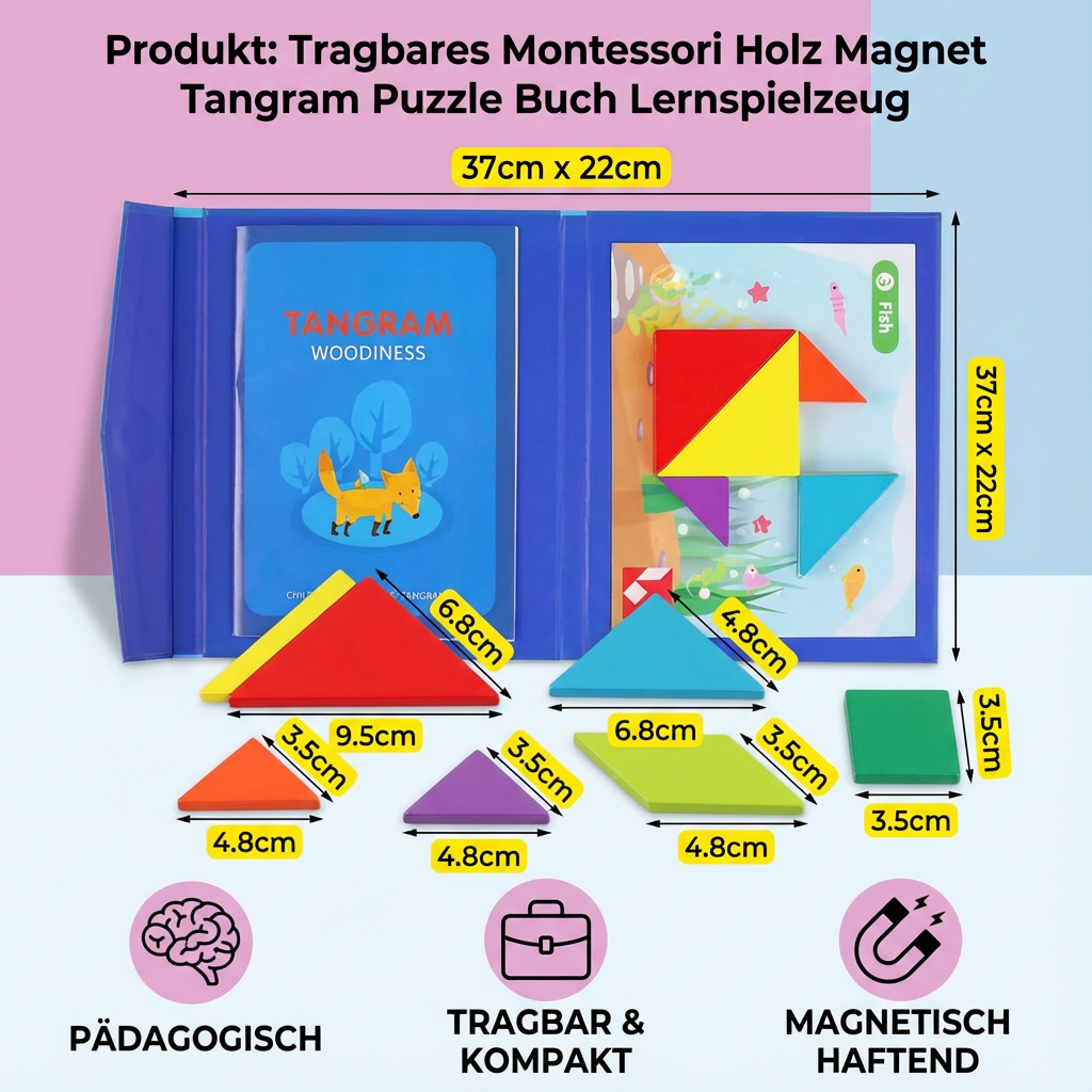 Tragbares Montessori Holz Magnet Tangram Puzzle Buch Lernspielzeug