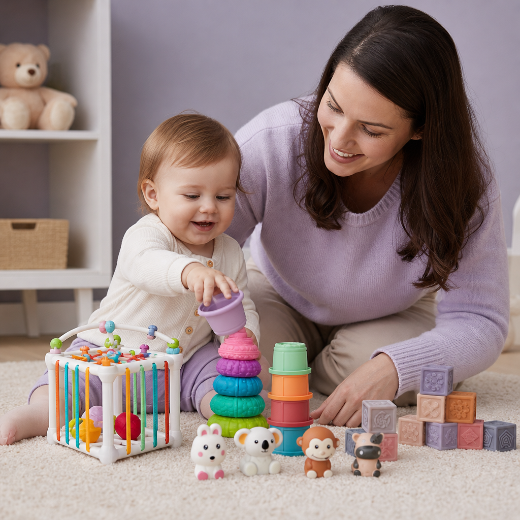 5-in-1 Montessori-Sensorik-Spielset für Babys aus weichem Gummi mit Stapel- & Sortierspielzeug – 26 Teile