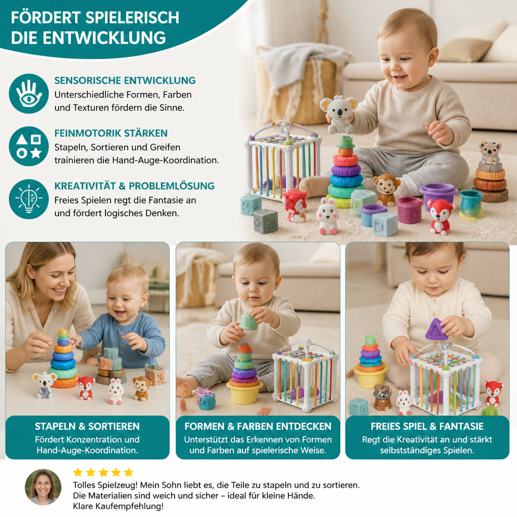 5-in-1 Montessori-Sensorik-Spielset für Babys aus weichem Gummi mit Stapel- & Sortierspielzeug – 26 Teile