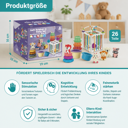 5-in-1 Montessori-Sensorik-Spielset für Babys aus weichem Gummi mit Stapel- & Sortierspielzeug – 26 Teile