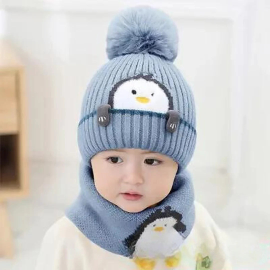 Warmer Pinguin-Look – Strickmütze & Schal-Set für Kinder