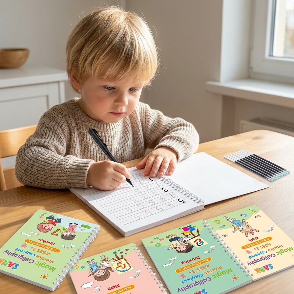 Magisches wiederverwendbares Schreibübungsheft-Set mit Rillen & verschwindender Tinte