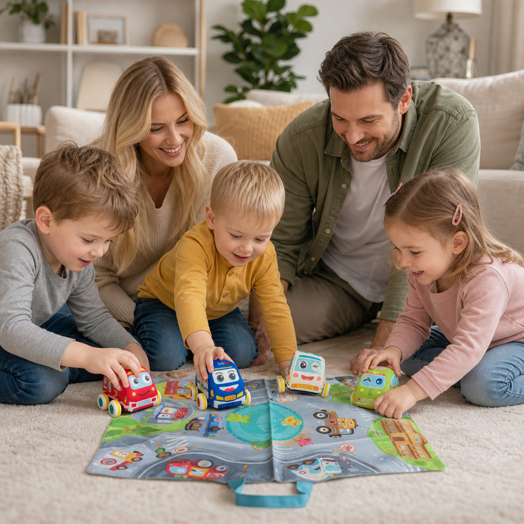 Weiches Plüsch-Rückziehauto-Set mit 2-in-1 Spielmatte & Aufbewahrungstasche