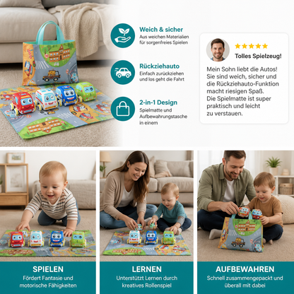 Weiches Plüsch-Rückziehauto-Set mit 2-in-1 Spielmatte & Aufbewahrungstasche