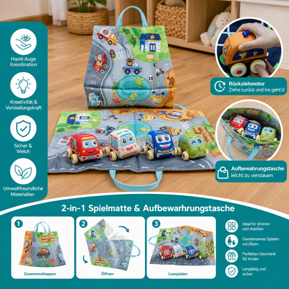 Weiches Plüsch-Rückziehauto-Set mit 2-in-1 Spielmatte & Aufbewahrungstasche