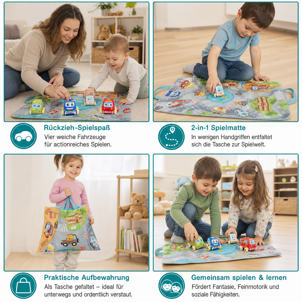 Weiches Plüsch-Rückziehauto-Set mit 2-in-1 Spielmatte & Aufbewahrungstasche