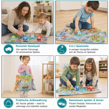 Weiches Plüsch-Rückziehauto-Set mit 2-in-1 Spielmatte & Aufbewahrungstasche