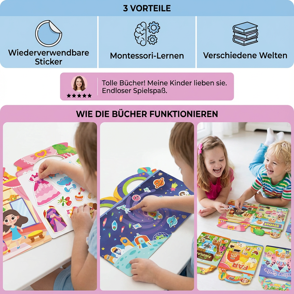 Wiederverwendbare Montessori Sticker Bücher mit verschiedenen Themenwelten