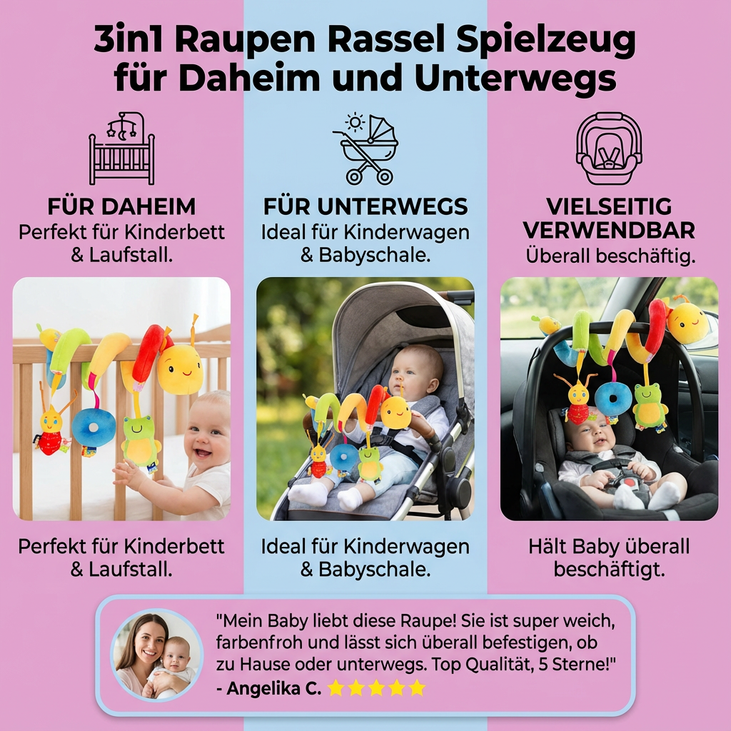 3in1 Raupen Rassel Spielzeug für Daheim und Unterwegs
