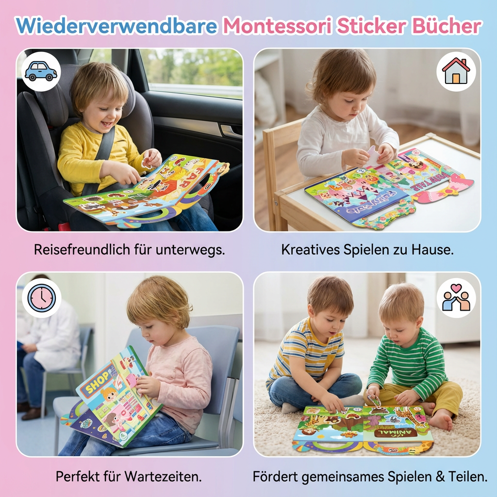 Wiederverwendbare Montessori Sticker Bücher mit verschiedenen Themenwelten