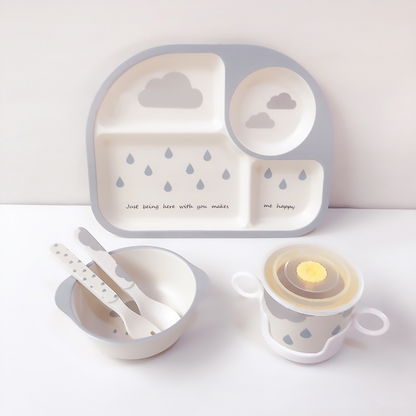 Baby Geschirrset mit Wolkenmotiv – Teller, Schüssel, Becher & Besteck für Kinder