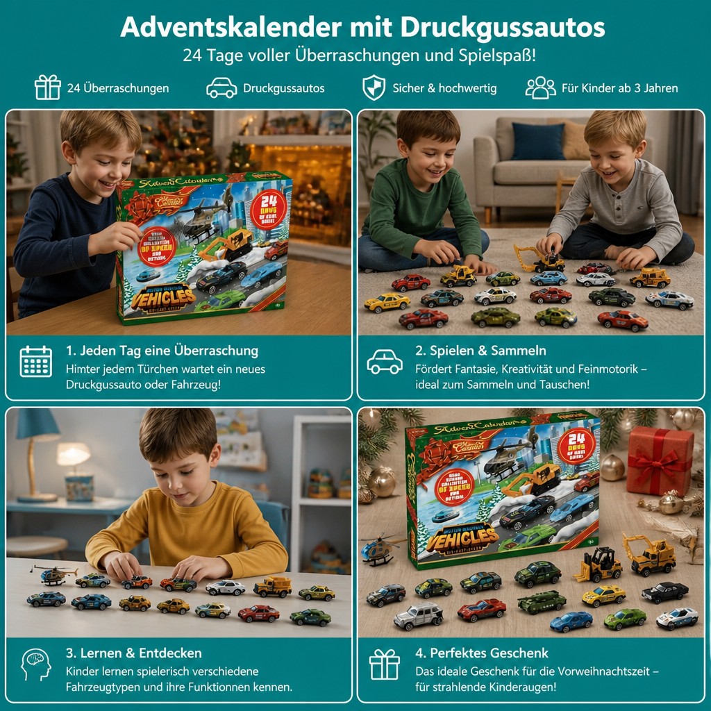 Weihnachts-Adventskalender mit Druckgussautos für Kinder