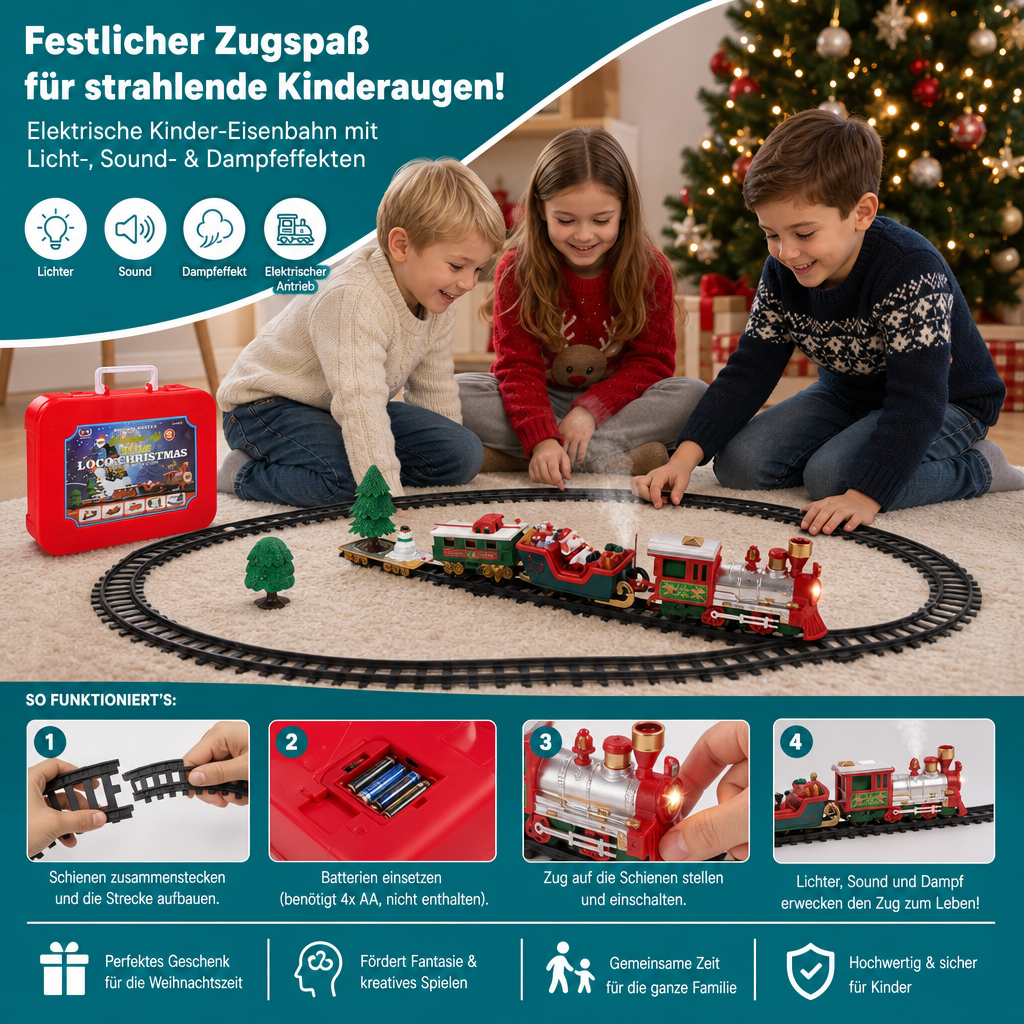 Elektrische Kinder-Eisenbahn mit Licht-, Sound- & Dampfeffekten