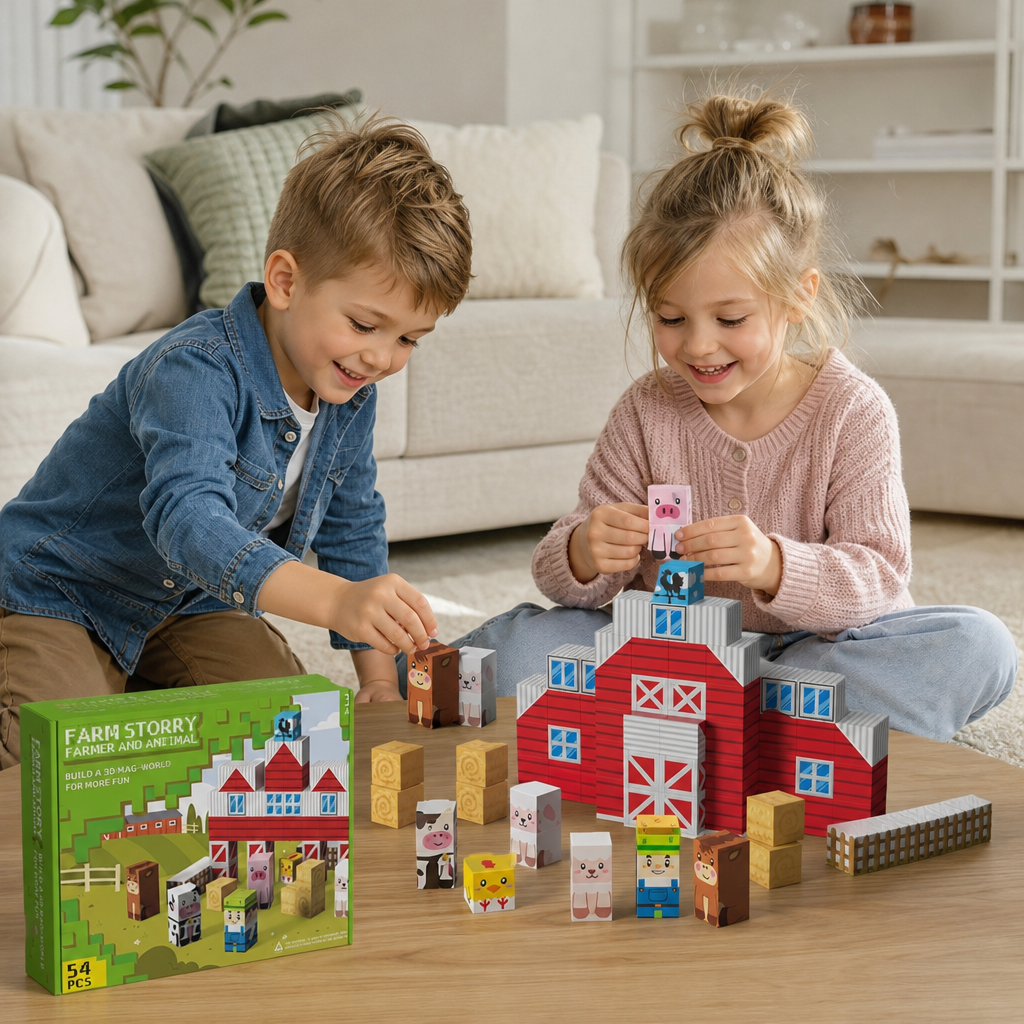 Magnetisches Bauernhof-Baustein-Reisespielset mit Tieren & Scheune