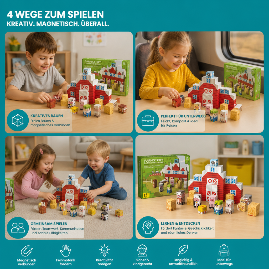 Magnetisches Bauernhof-Baustein-Reisespielset mit Tieren & Scheune
