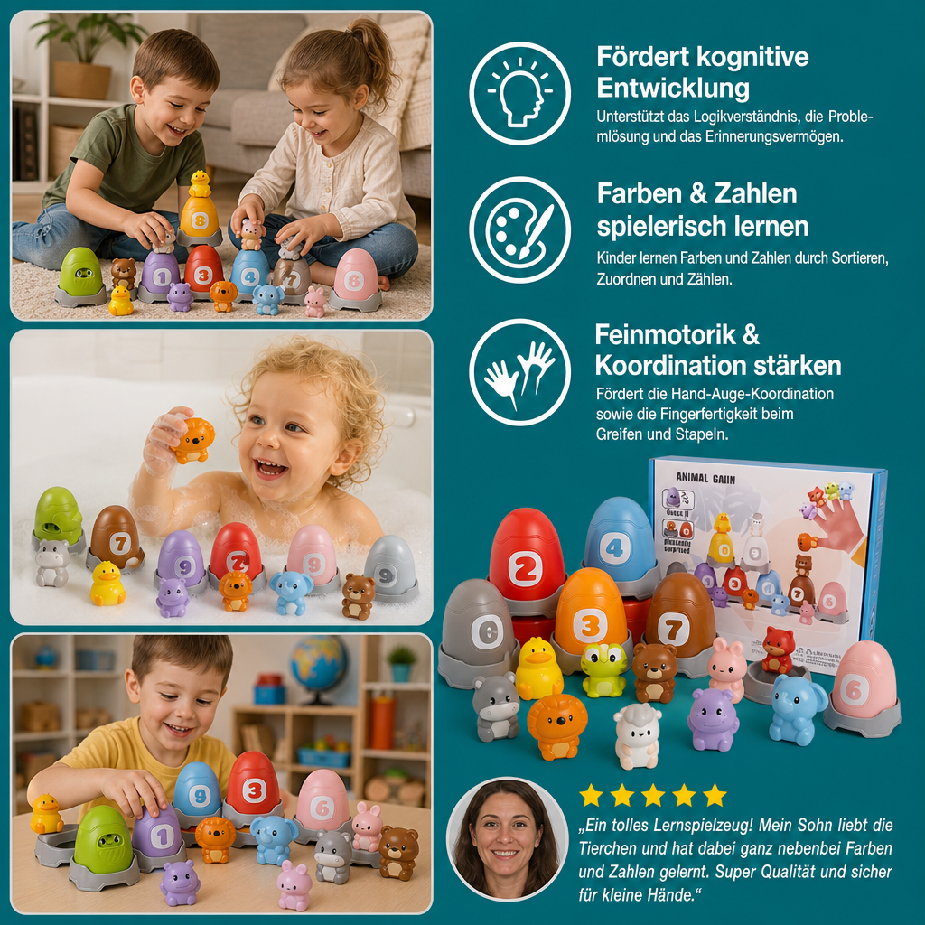 Montessori-Fingerpuppen-Set aus weichem Gummi mit Bauernhoftieren zum Farben-Sortieren & Zahlenlernen