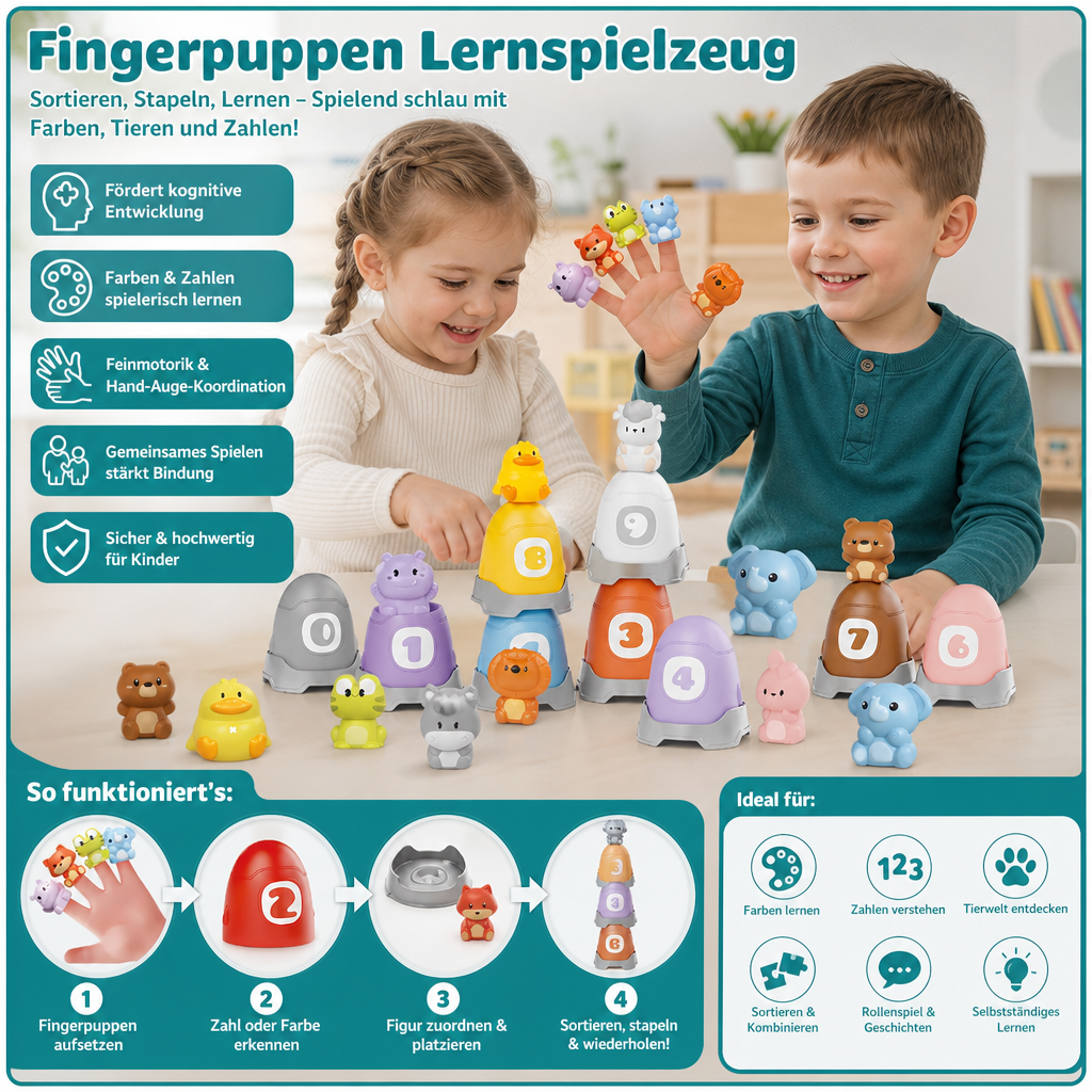 Montessori-Fingerpuppen-Set aus weichem Gummi mit Bauernhoftieren zum Farben-Sortieren & Zahlenlernen