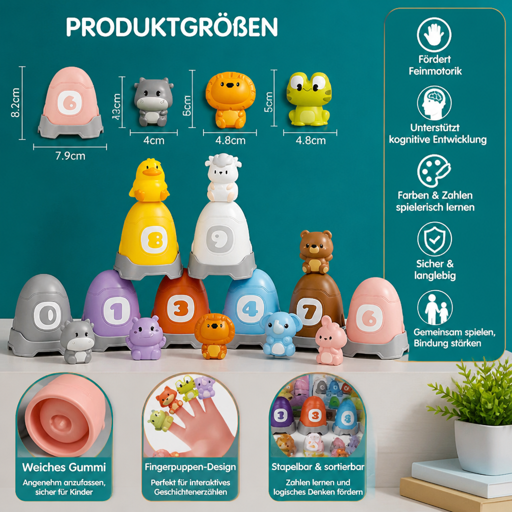 Montessori-Fingerpuppen-Set aus weichem Gummi mit Bauernhoftieren zum Farben-Sortieren & Zahlenlernen