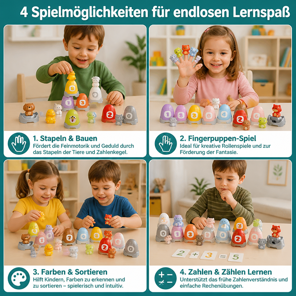 Montessori-Fingerpuppen-Set aus weichem Gummi mit Bauernhoftieren zum Farben-Sortieren & Zahlenlernen