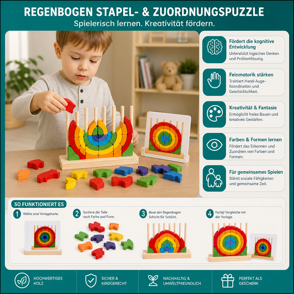 Montessori Holz-Regenbogen Stapel- & Zuordnungspuzzle