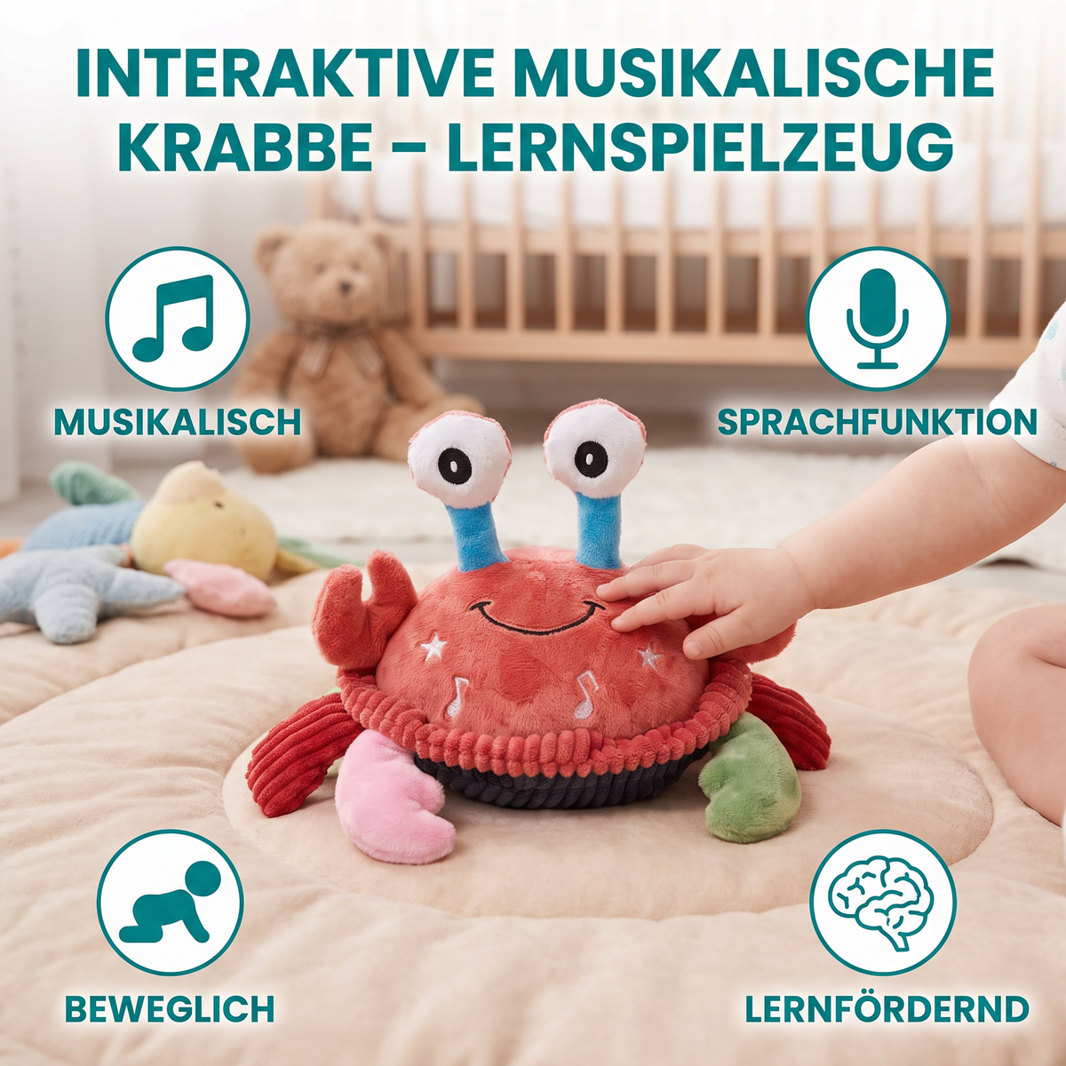 Interaktive musikalische Krabbe mit Sprachfunktion – Bewegliches Lernspielzeug für Babys