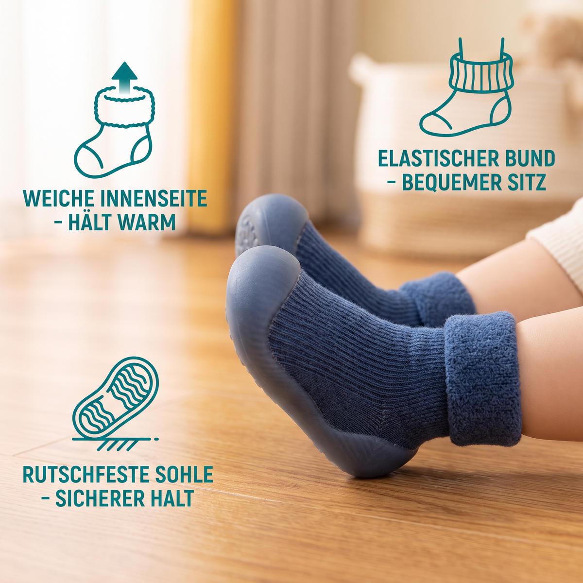 Warme Lauflern-Sockenschuhe für Babys mit weichen rutschfesten Sohlen