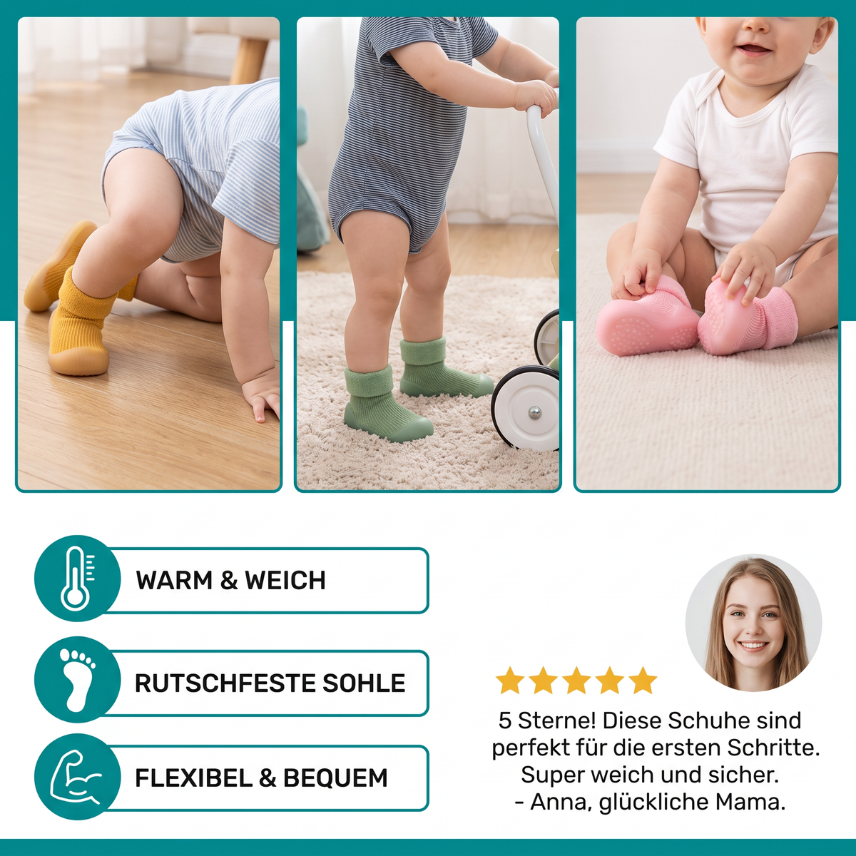 Warme Lauflern-Sockenschuhe für Babys mit weichen rutschfesten Sohlen