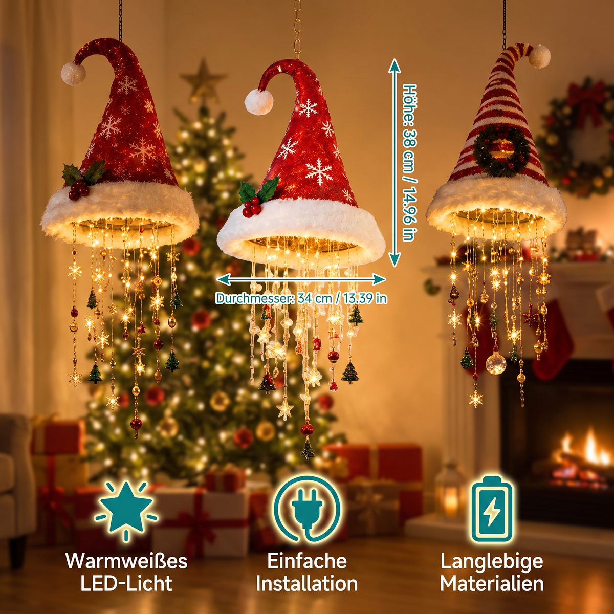 Weihnachtliche Weihnachtsmannmützen-Lichter mit LED-Lichterkette