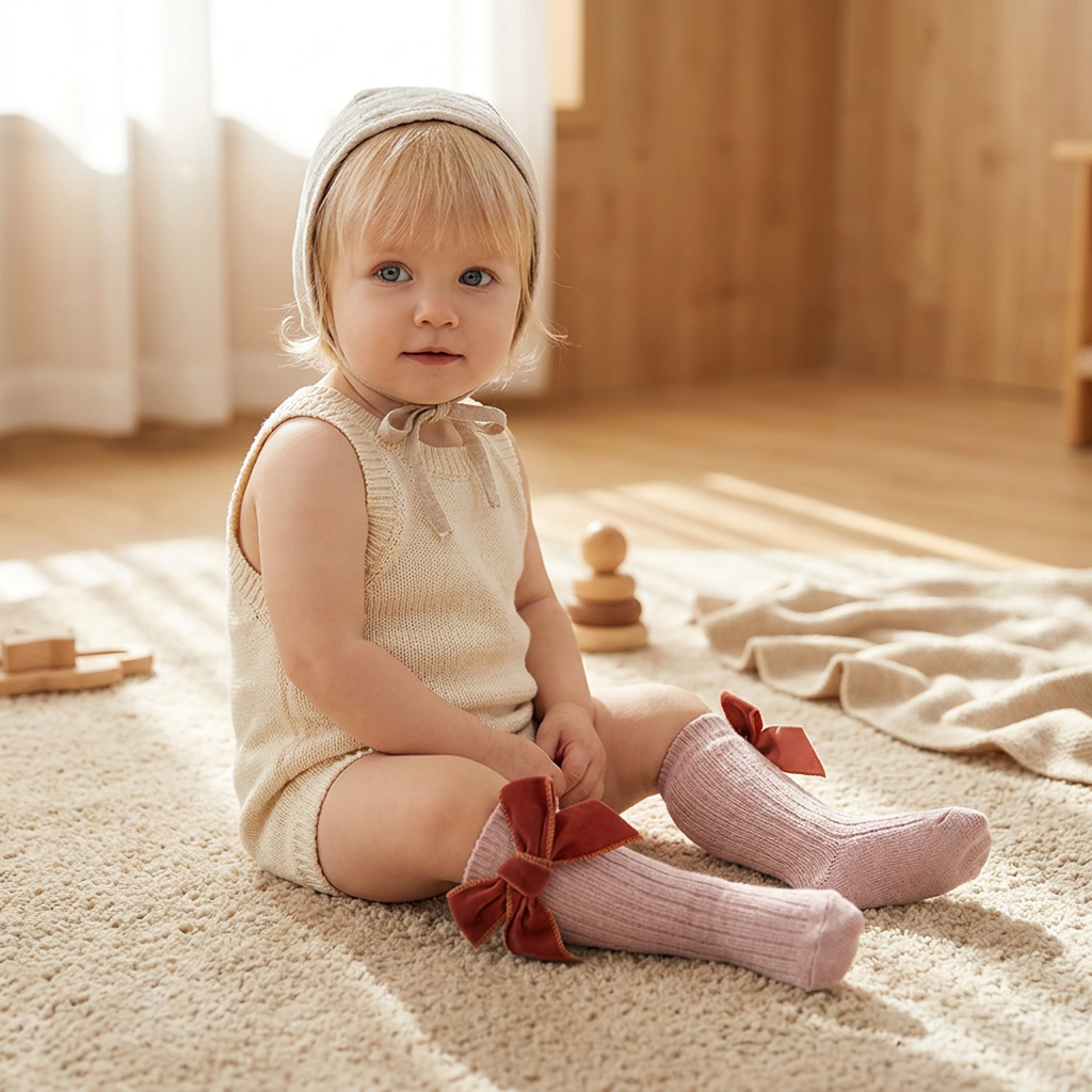 Weihnachtliche Kniestrümpfe für Baby-Mädchen mit Samtschleifen