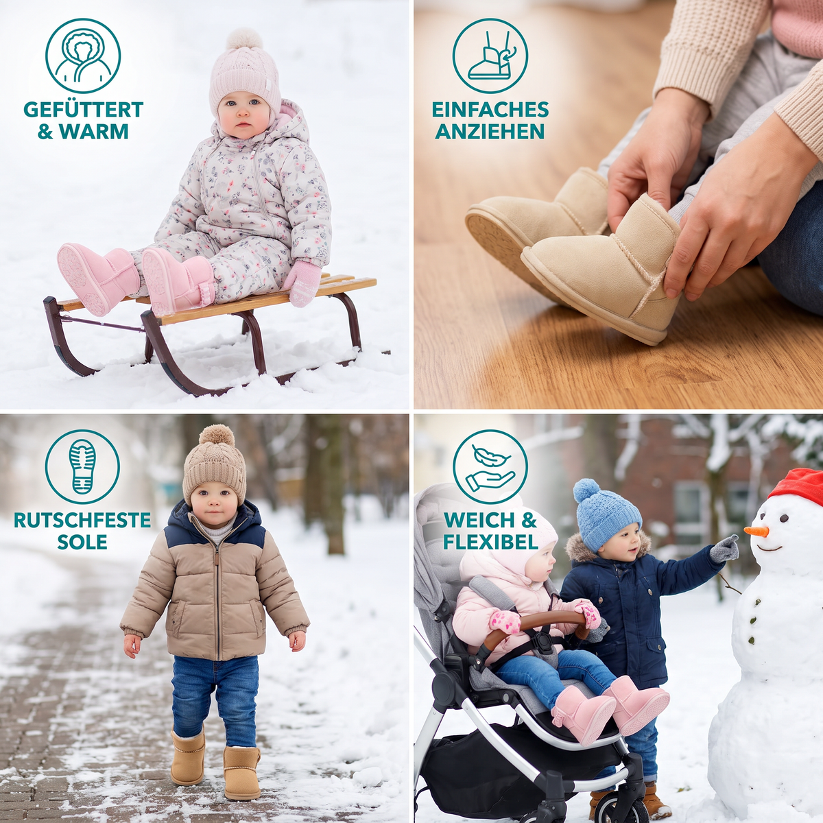 Gefütterte Baby-Winterstiefel mit weichen rutschfesten Sohlen