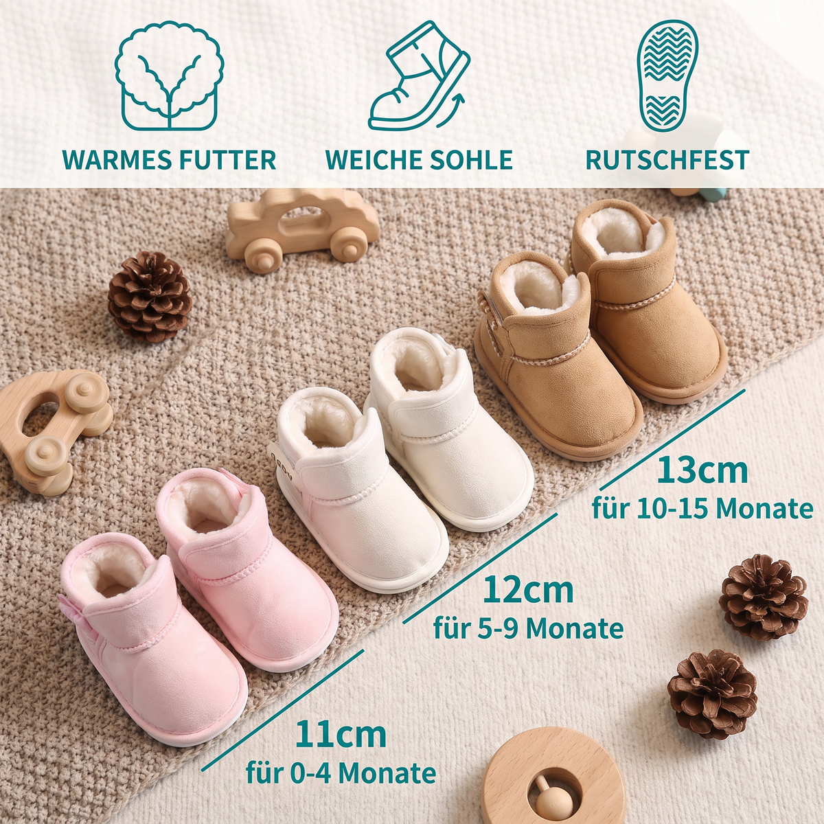 Gefütterte Baby-Winterstiefel mit weichen rutschfesten Sohlen